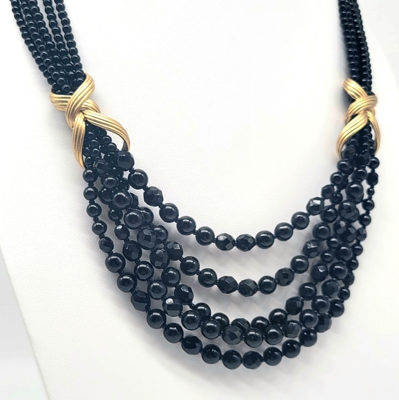 Oscar de la Renta Black Glass Bead Multistrand Layered Swag Necklace Gold Detail - Picture 5 of 13